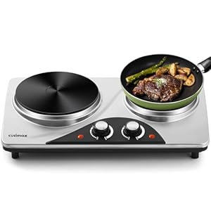 Double Hot Plate, CUSIMAX Electric Hot Plate for Cooking Portable Electric Hob, Cooktop Table Top Hob with 2 Cast Iron Portable Hob Rings Electric Burner with Dual Temperature Control Stainless Steel
