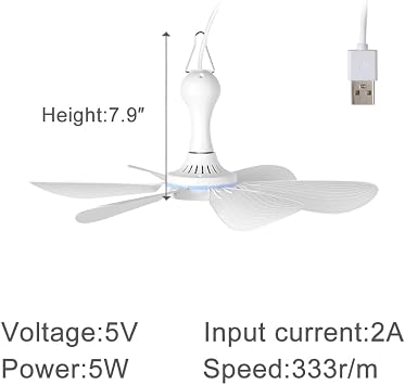 USB Mini Small Ceiling Fan quiet Camping Optional RV Fans Emergency Portable Outdoor Hanging Gazebo Canopy Dorm Fans Silent For Grow Tent,Hiking,Outages Battery operated,Power Bank powered
