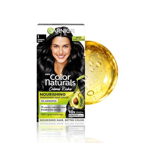 Image of Garnier, Hair Colouring Creme, Long-lasting Colour, Smoothness & Shine, Color Naturals, Shade: 1 Natural Black, 70ml + 60g | Ammonia-Free Hair Color | Infused With 10X Natural Oils + Keratin Serum | 100% Grey Coverage | Up to 10 Weeks Shine