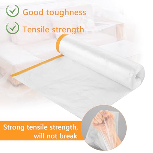 FWEEK 3 Rollen Abdeckfolie Klebeband mit Folie, 400cm(Ungefaltet) x20m Malerfolie mit Klebeband, Selbstklebende Malerfolie Abklebeband mit Folie Goldband für Malerarbeiten und Staubschutz