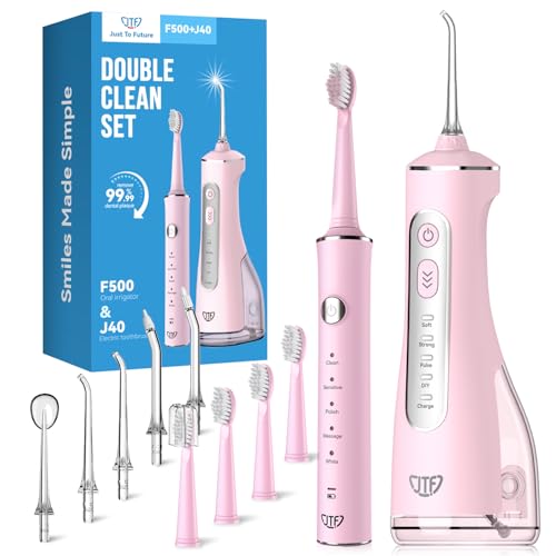 JTF Cepillo de Dientes Eléctrico y Irrigador Bucal 2-en-1 – Kit de Higiene Bucal Portátil para una Limpieza Eficaz y Suave, Múltiples Modos para Brackets y Encías Sensibles, Inalámbrico(Rosa)