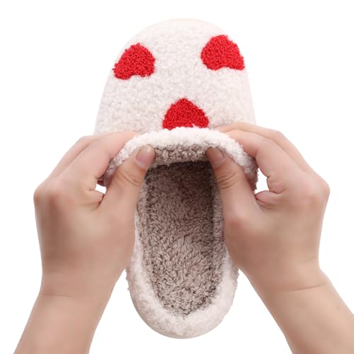 Happy Smile Face Slippers House Slippers for Women Cute Cartoon Design, Soft Plush, Cozy, with Evil Eyes, Strawberry Heart, Indoor/Outdoor3