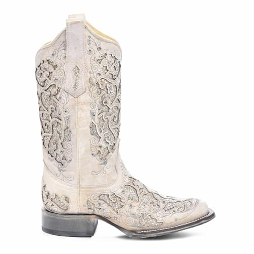 CORRAL Women's White Glitter and Crystals Cowgirl Boot Square Toe - A33972