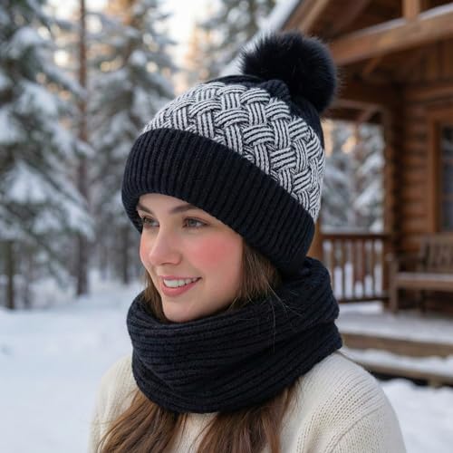 Image of Kraptick Women's Winter Cap and Scarf Set- Thick Fleece Lined Knitted Beanie Hat and Neck Warmer Muffler for Ladies, Stretchable & Soft Woolen Snow Proof for Extreme Cold -6
