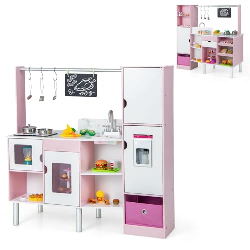 COSTWAY 2 in 1 Kinderküche & Kaufladen, Spielküche mit Licht und Sound, interaktiver Eismacher & Tafel, inkl. 82 Zubehörteile, doppelseitig, Spielzeugküche für Kinder ab 3 Jahren