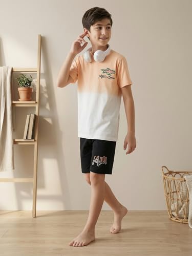Image of Li'l Tomatoes Boys 100% Cotton Night Suit Set | Half Sleeve T-Shirt & Shorts | Color Block & Typography Print | Soft & Breathable Sleepwear | Casual Summer Wear | 9-16 Years