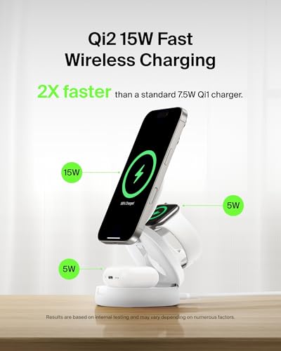 Belkin MagSafe Charger Compatible, 3-in-1 Qi2 15W Wireless Charging Station, Convertible Wireless Charger for iPhone 17, Apple Watch, AirPods, Pixel 10, Phone Stand for Travel w/ 36W Adapter - White - Image 4