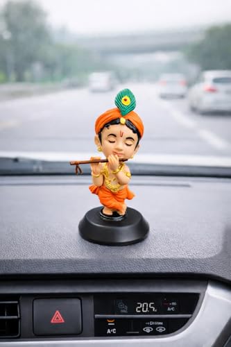 Image of Krishan Ji Car Dashboard Idol with Double Sided Tape | Bal Gopal Statue for Car Dashboard, Home Temple & Office | Cute Krishna Murti Gift Item | Orange | Standing Eye Closed