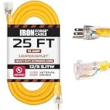 25 Foot Lighted Outdoor Extension Cord - 12/3 SJTW Heavy Duty Yellow Extension Cable Extension Cable with 3 Prong Grounded Plug for Safety - Great for Garden and Major Appliances