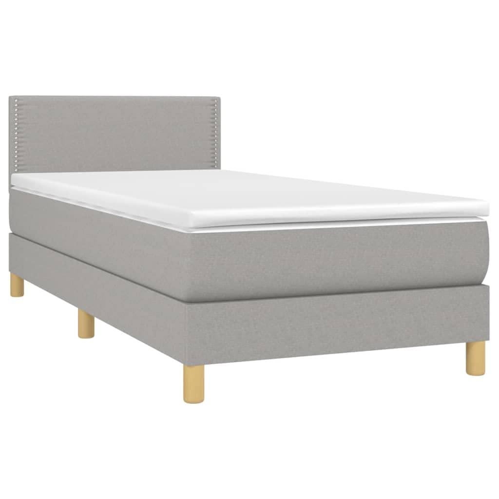 Cama con somier LED, 90 x 200 cm, tela gris claro, cabecero de altura ajustable, colchón de muelles ensacados para dormir, jóvenes, habitaciones de invitados