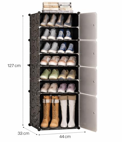 Image of LUHI Premium Modular Plastic Shoe Rack for Home with Door | 7-Tier Stackable Shoe Organizer | Waterproof & Dustproof | Space Saving Storage for Home, Bedroom & Entryway [Black A5, 7-Shelf-4-Door]