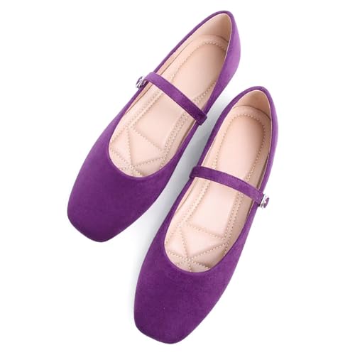 Stunner Women's Mary Jane Ballet Flats Fashion Square Toe Ankle Strap Flats Comfortable Casual Slip On Dress Shoes Dark Purple 42(9.5) 2
