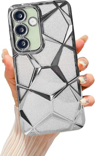 Image of VONZEE Gradient Glitter Case for Samsung M16, Luxury Electroplated 3D Cube, Diamond Bling Shiny Soft TPU Clear Shockproof Women Girls Protective Phone Cover (Silver)