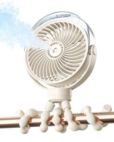 Image of SWEETFULL Misting Stroller Fan – Portable Baby Fan with Spray Cooling, 4 Speeds, Quiet Rechargeable Fans for Travel, Outdoor, Golf Cart, Car Seat, Beach (Beige)