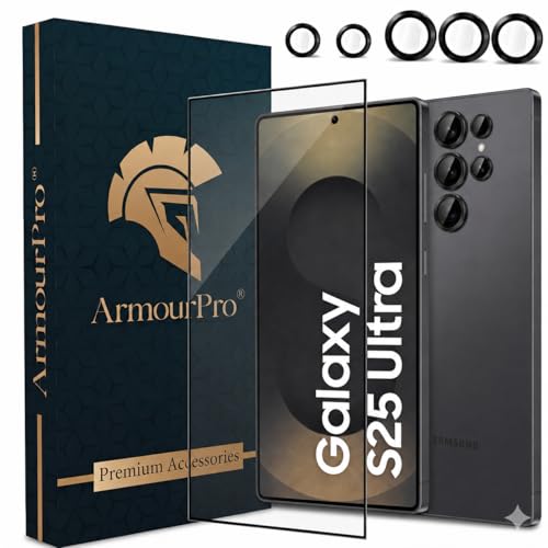 Image of ArmourPro Edge to Edge Tempered Glass for Samsung Galaxy S25 Ultra with Black Camera Ring Guard, 9H Screen Protector, Anti-Scratch, Anti-Fingerprint, Bubble-Free Installation Kit
