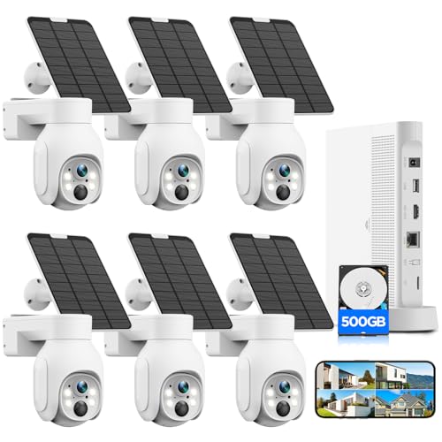 2K Solar Powered Security Cameras Wireless Outdoor, No Subscription, 6-Cam Pack, Home Security Camera System, 360° Pan & Tilt, Color Night Vision, 5G & 2.4G WiFi, 500GB HDD 10CH NVR, Motion Detection