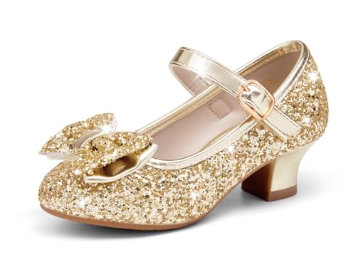Image of Haloumoning Girls Dress Shoes Mary Jane Heels Flower Girl Shoes Bow Glitter Princess Wedding Party Pump Shoes