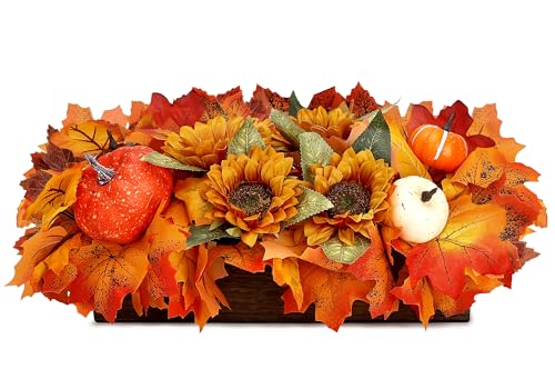 Scawim Fall Centerpieces for Tables, Artificial Sunflower Pumpkin Maple Decorations for Dining Arrangement Faux Orange Flowers Decor Wood Tray for Thanksgiving Home Kitchen Bathroom Coffee Autumn
