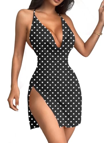 Image of JOTWIS Women's Sexy Backless V Neck Mini Dress High Slit Club Night Out Party Cocktail Dresses