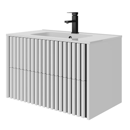 UEV Mueble de Baño 80CM Suspendido con Lavabo de Cerámica, Mueble Lavabo Incluido con 2 Cajones para Almacenaje, Moderno y Práctico, Blanco