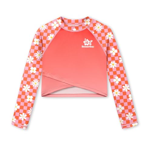 Image of BesserBay Girls Rash Guard UPF 50+ Long Sleeve Mock Neck Crossover Hem Swim Crop Top 4-14 Years