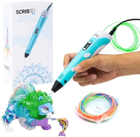 SCRIB3D P1 3D-Druckstift mit Anzeige - Enthält 3D-Stift, 3 Startfarben von PLA-Filament, Schablonenbuch + Projektanleitung und Ladegerät