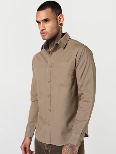 Image of Bewakoof Mens Solid Regular Fit Full Sleeve Collar Cotton Linen Blend Shirt