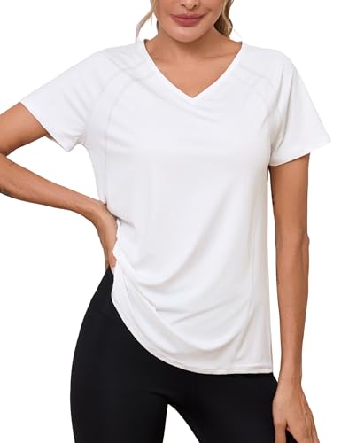 Wayleb Camiseta Deportiva Manga Corta Mujer Camisetas Deporte Cuello en V Fitness Yoga Top Transpirable y Secado Rápido Ropa Entrenamiento Atlético