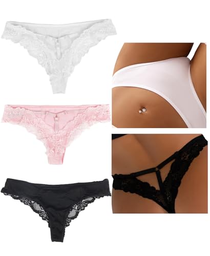 ohyeahlady String Tanga Damen Sexy Dessous 5er Pack Spitze Tangas Set Niedrige Taille Erotisch Slips Große Größen Thong Frauen Bikini Hipster Pantys Unterwäsche Unterhosen(Schwarz+Weiß+Rosa,XL-XXL)