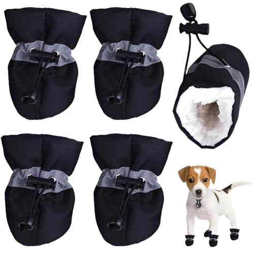 KIRZAX Scarpe per Cani 4 Pezzi - Stivali Cane Impermeabili Inverno, Scarpette con Pile, antiscivolo regolabile lavabile, per cani piccoli/medi 8-15 lbs (Taglia M)