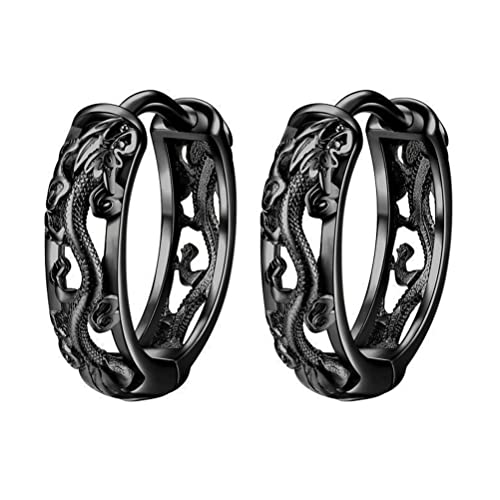 Generic 1 Pair Vintage Filigree Dragon Hoop Earrings Gothic Punk Dragon Animals Hollow Hoop Cuff Earrings Huggie Hoop Earrings for Mens Womens Small Round Dangle Loop Dragon Earring, Black, 1.6x0.4CM