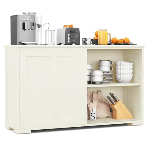 KOMFOTTEU Aparador Auxiliar Bajo de Madera, Armario de Cocina con Estante Ajustable y Puertas Correderas, Mueble Buffet para Comedor, Pasillo, 107 x 33 x 60 cm (Blanco)