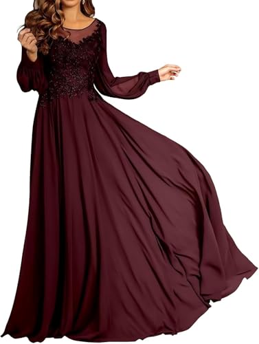 Mother of The Bride Dress A Line Chiffon Prom Dresses Lace Applique Formal Evening Gown with Sleeve for Women