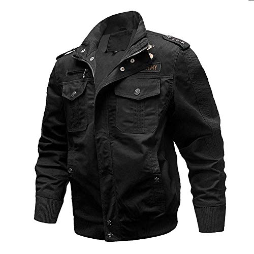 Yuanu Homme Blouson Col Debout Broderie Style Militaire Armée Épaulette Chaud Cargo Manteau Casual Bombers Grande Taille Aviateur Veste Blouson Noir 4XL Cover