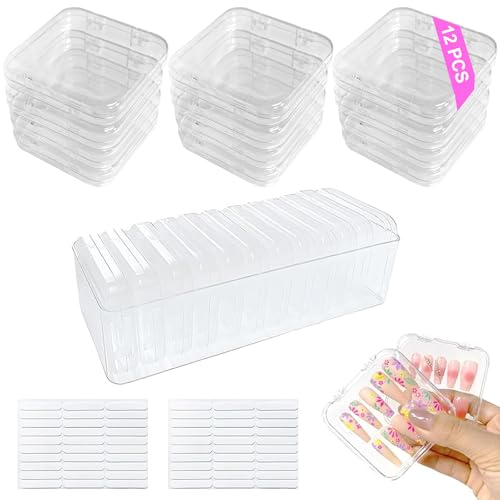 13 Pcs Clear Press On Nail Storage Box with Container, False Nail Case Organizer Press On Nail Packaging Box Nail Display Case with Double Sided Tape for Nail Art Home Salon Nail Business Supplies