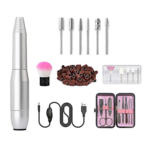 Yinhua Electric Nail Drill Set Electric Professional Portable Nail Drill Kit with 11Pcs Nail Drill Bits and 56 Sanding Bands and Brush Manicure Pack for Gel Acrylic Nails for Home Salon Silver