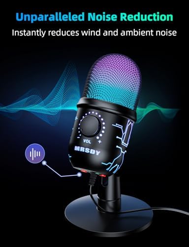 MRSDY USB Gaming Microphone for PC with Noise Reduction, Mute, Gain, RGB | Condenser Mic, Headphone Jack, Suitable for PC, Computer, PS4, PS5, Mac, Streaming, Podcasting, Recording, YouTube, Discord
