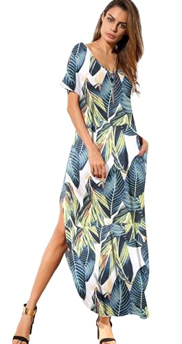 Image of GRECERELLE Women's Summer Maxi Dress Casual Loose V Neck Short Sleeve Side Split Long Dresses with Functional Pockets
