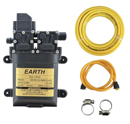 Image of Earth High Pressure Diaphragm Pump Double Motor 12V Dc Motor Kit 250 Psi 4452 Copper Agriculture Farm Fogger Misting Spray Motor Pump with 10 Feet Outlet Pipe, 4 Feet Inlet Pipe & 2 Clamp