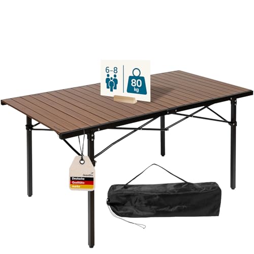 Skandika Campingtisch Maikku | Alu Klapptisch groß 140 x 70 x 70 cm Holzoptik 6 Personen bis 80 kg wasserfest klappbar leicht einrollbare Tischplatte | Falttisch für Camping Garten Angeln