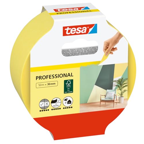 tesa Malerband Professional - Malerkrepp aus dünnem Washi-Papier zum besonders präzisen Abkleben bei Malerarbeiten - für innen und außen - 50 m x 30mm