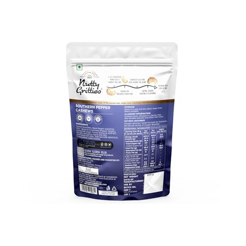Image of Nutty Gritties Premium Jumbo Size Southern Pepper Cashew Nuts 400g, Natural Flavoured Whole Cashew|W240|Zero Breakage|Resealable Pouch|Each Pouch 200g|Pack of 2