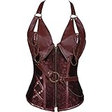 90% Polyester+10% Elasthan Sxybox Damen Faux Leder Steampunk Corsage Korsett Vollbrust Korsage,Braun,M