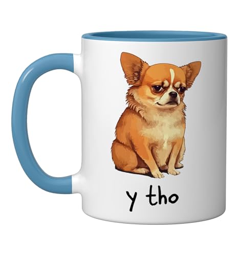 Chihuahua asks Y THO – Funny Cute Dog Meme Style Ceramic Mug, Blue/White