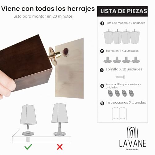 Patas de madera para sofá con perno M8 preperforado que elevan y estabilizan tus sillones 6