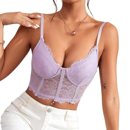 Rongseng Camiseta sin Mangas para Mujer Top Sexy de Encaje Crop Top Cuello en V Camisetas Tirantes Ajustables sin Vientre Verano Camisola Sujetador de Encaje Floral