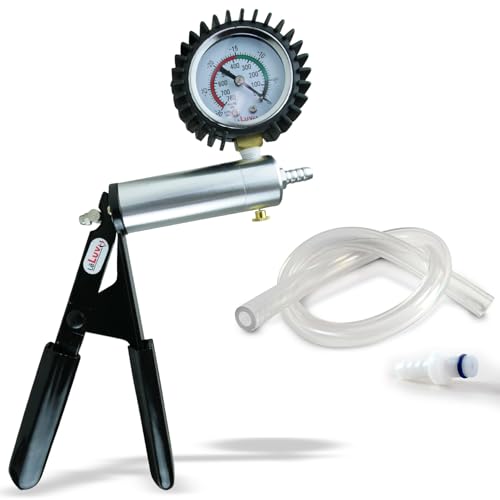 LeLuv Ultima Black Vacuum Pump - Aluminum Alloy Silver Handle Manual Hand Vacuum (0-30 Hg, 0-760 mmHg), Gauge Installed with Protective Rubber Cover, Rubber Padded Grips with Clear Hose & Fitting