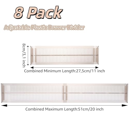MUXHEL 8 Stück Kunststoff Schubladentrenner Verstellbar, 27-51cm Transparente Küche Schubladen Organizer, 8cm Hoch Schubladenteiler Separatoren für Kommode, Badezimmer, Schlafzimmer