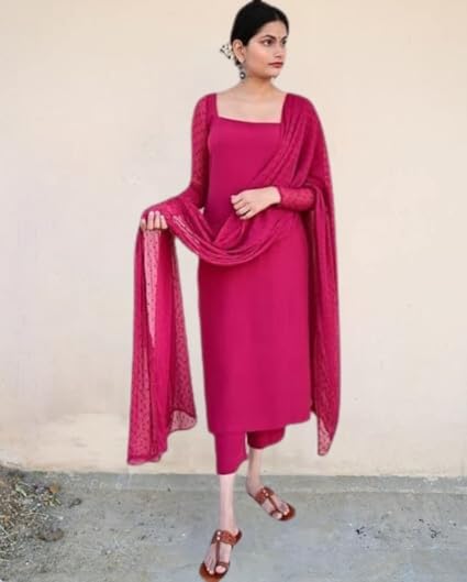 Image of Anveri Textiles Women's Cotton Blend Kurti with Square Neck Long Sleeves Solid Pattern A Line Style Ankle Length and Dupatta Set