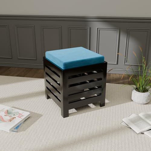 Image of ETIQUETTE ART Cushion Wooden Stool| Foot Stool |Fruit Stool| Square Table| Office Stool| Bedside Table | Cushion Stool | Stool for Kitchen Wooden Stool Cotton Cover (Black & Aqua)